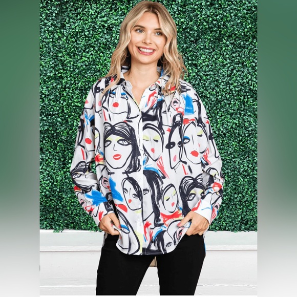 LIKE NEW Jodifl Abstract Face Button Down - Picture 1 of 10